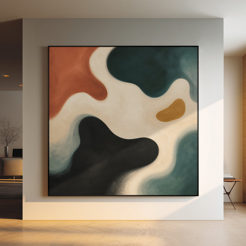 Très grand art mural imprimé - formes organiques fluides en noir, bleu sarcelle, rouille et crème pour le salon ou la chambre à coucher - «Assemblage requis du cadre (cadre non fini)»