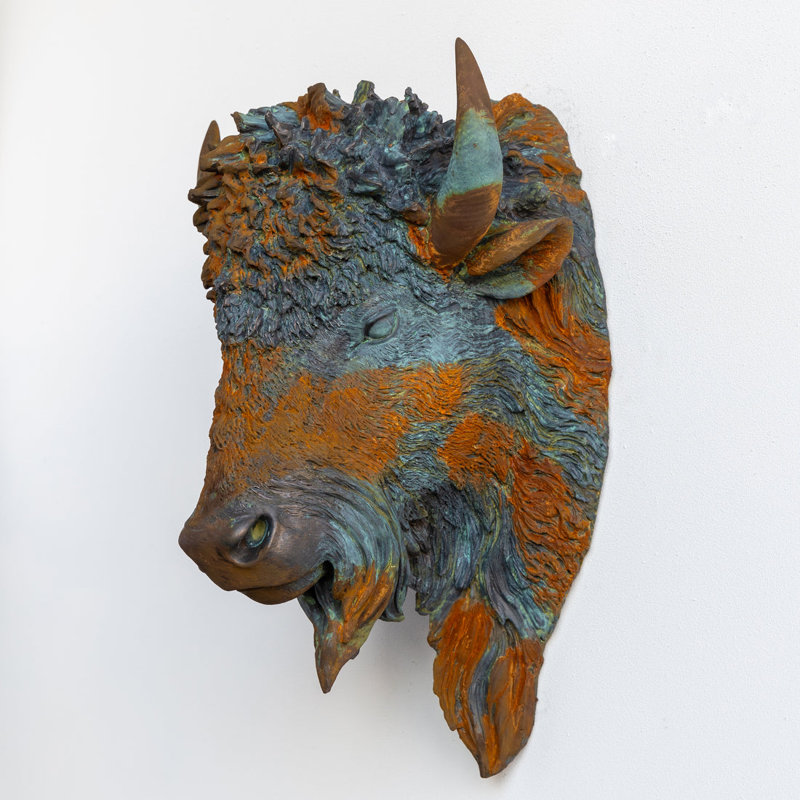 Faux Taxidermy Bison Head Wall Décor, Weathered Rust