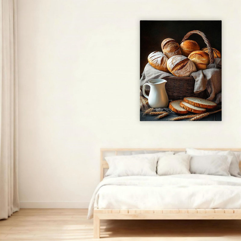 Assortiment de pain avec panier et pichet, art mural 24 po x 36 po