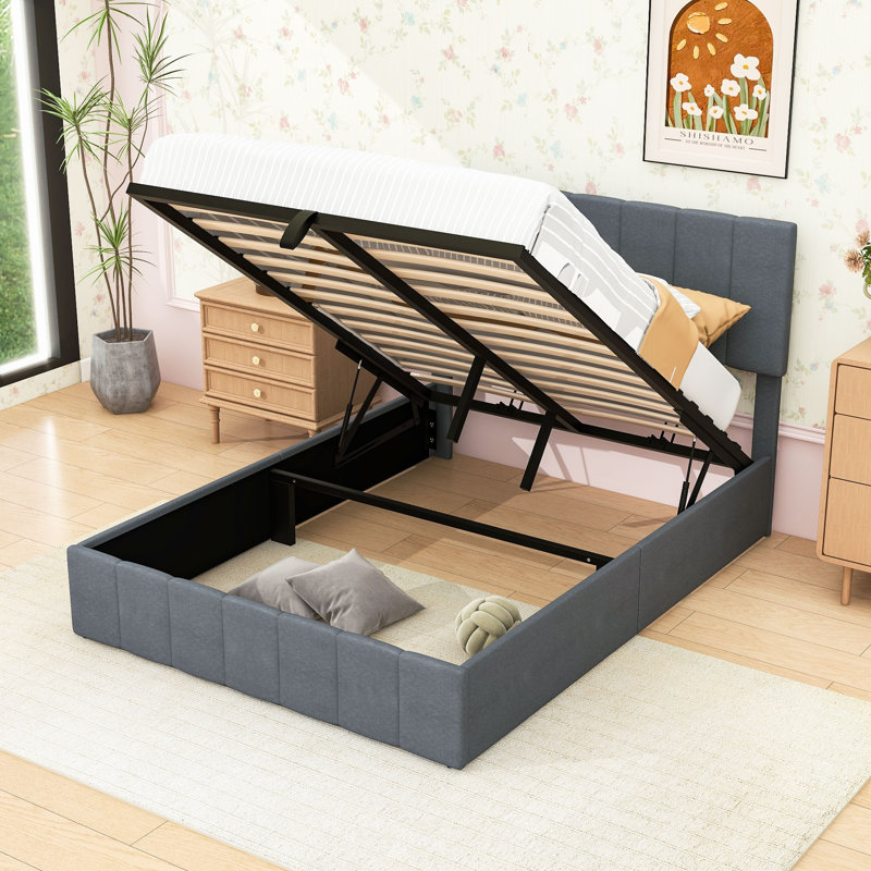 Lit plateforme tapissier avec système de rangement hydraulique et tête de lit, Double, Gris