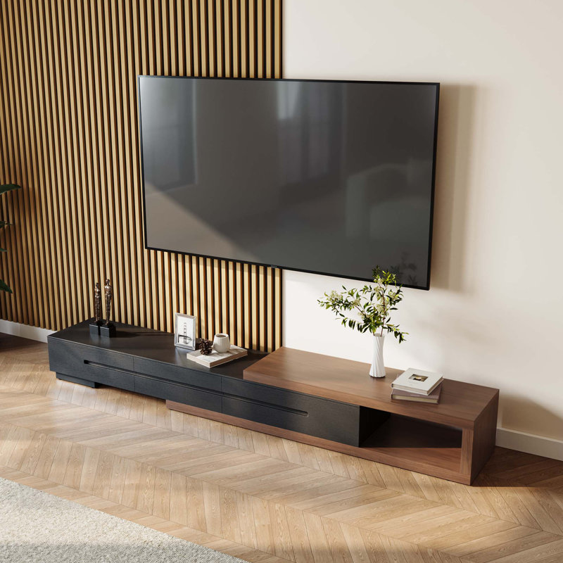 Meuble télé en bois extensible, console média en bois, pré-assemblage, Noir, noir, noir, noir