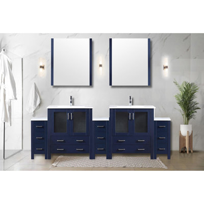 Double Bath Vanity, 96 In. W, Navy Blue, 17.52 D, White Ceramic Surface, 28 Mirrors, Soft - Close Drawers, Long Term Vanity Durability In Blue Counter, Feature, Scratch Surface