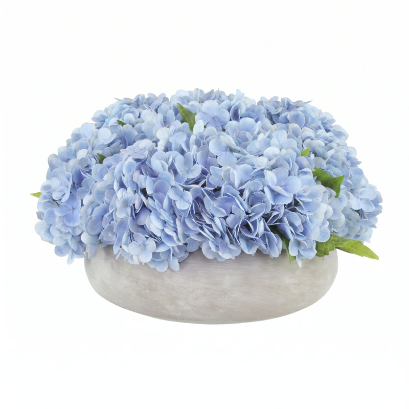 Real Touch Hydrangeas in Stone Planter, Light Blue