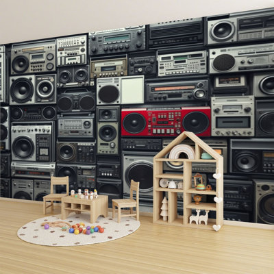 Peel and Stick Wallpaper Vintage wall radio boombox Retro Wall Murals 100"H x 144"W Removable PVC Wall Paper Self-Adhesive Wall Decor for Bedroom Living Room Home Office