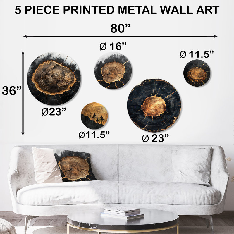 Mystery Of A Dark Onyx Wood Slice I - Arbre 5 pièces, ensemble d'art mural en métal
