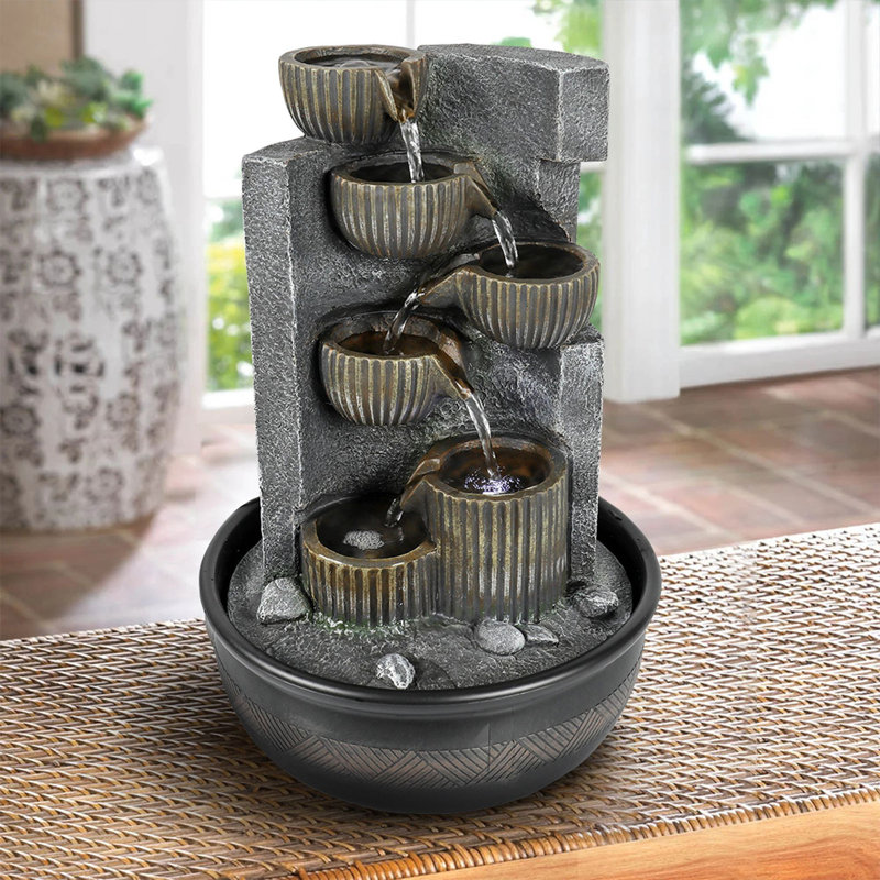 Chermaine Weather Resistant Cascade Fountain with Light, Grey