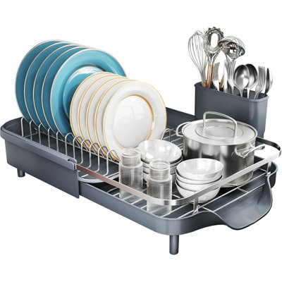 Expandable Dish Rack With Drainboard & Utensil Holder Grey