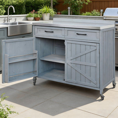 K&K 39.4 Inch Outdoor Kitchen Island With Stainless Steel Table Top, Large Drawer, Adjustable Shelves, And 4 Lockable Wheels For Pizza Prep And Storage