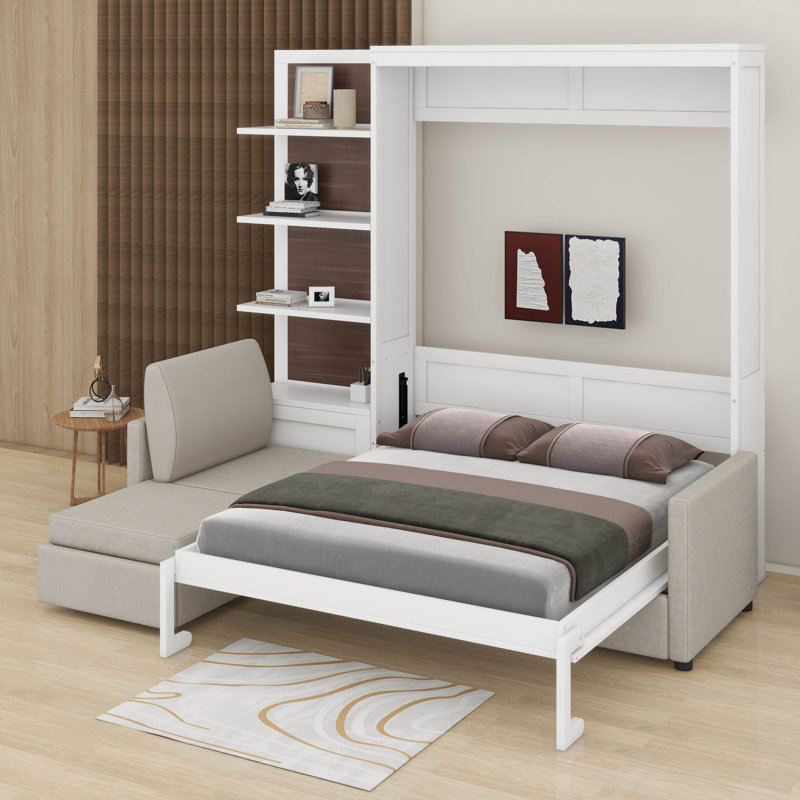 Grand lit escamotable mural avec canapé et tablettes, Blanc gris