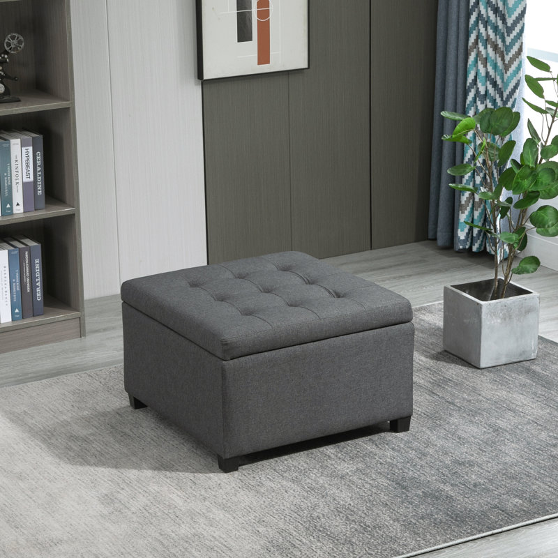 HOMCOM Fabric Tufted Storage Ottoman With Flip Top Seat Lid, Metal Hinge And Stable Eucalyptus Wood Frame For Living Room, Entryway, Or Bedroom, Grey