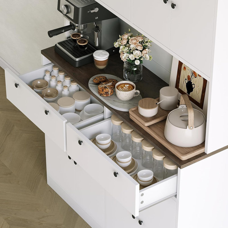 Armoire de rangement pour garde-manger avec station de charge, fabrication en bois d'ingénierie, H 71 po x l 47 po, 2 tiroirs et comptoir avec support à micro-ondes, rangement moderne pour la cuisine et la salle à manger