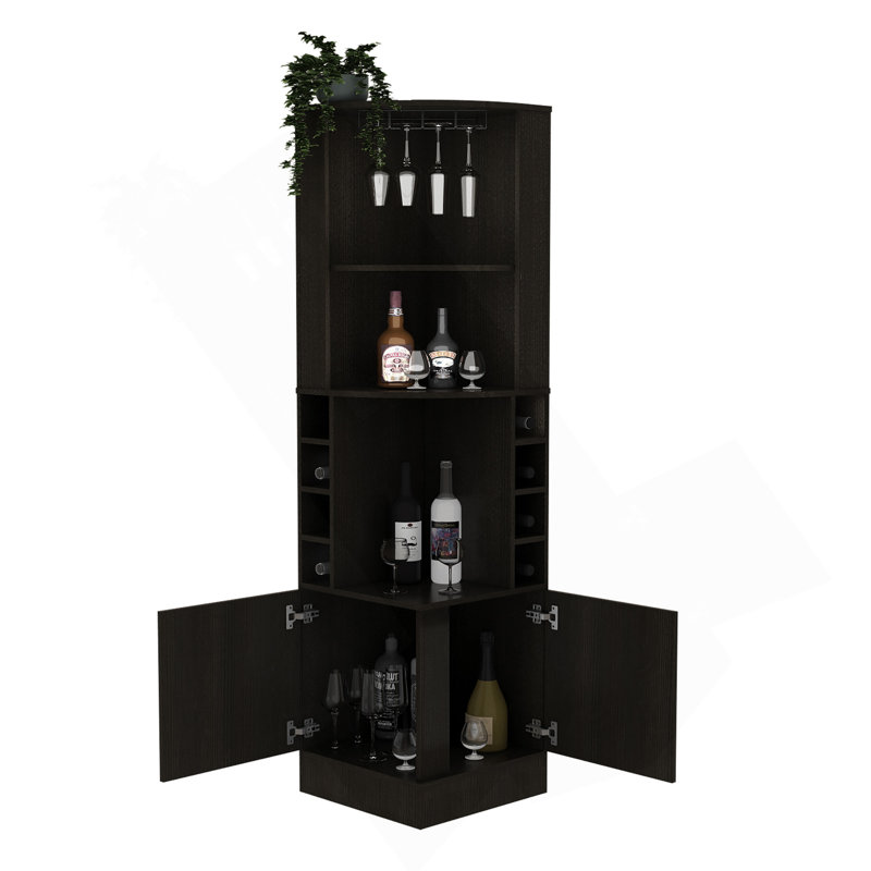 Armoire de coin Syrah, huit casiers à bouteilles, double porte, deux tablettes ouvertes - noir, Noir