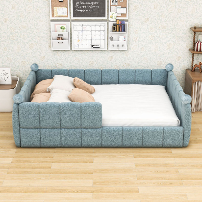 Lit tapissier de plancher avec rails entourant, Queen, Blue
