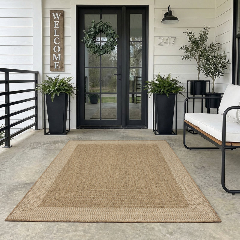 UV-Resistant Geometric Herringbone Indoor/Outdoor Area Rug In Natural Beige, Rectangle 5' x 7'