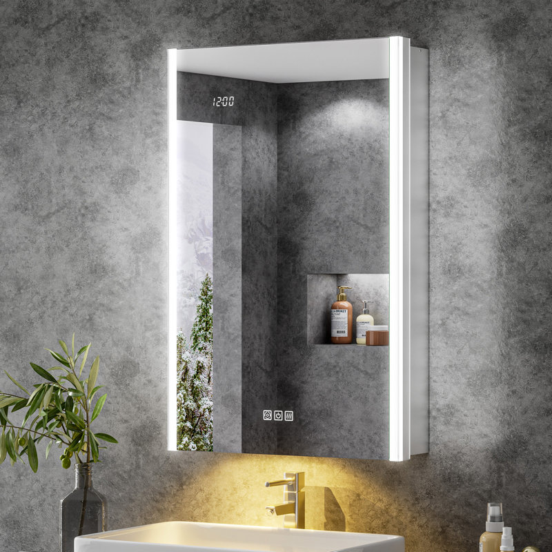 Armoire à pharmacie DEL 51 cm (L) x 81 cm (H) avec miroir, éclairage 3 couleurs à intensité variable, antibuée, prises électriques et ports USB, montage encastré ou en saillie