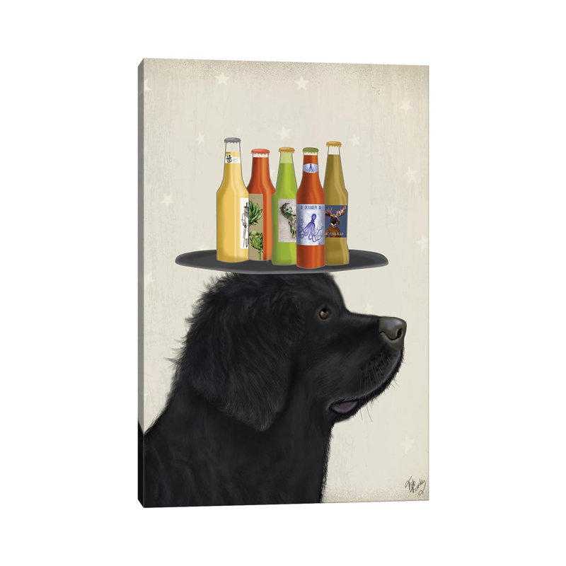Terre-Neuve amateur de bière par Fab Funky - impression sur toile tendue, H 12 po x l 8 po x P 0,75 po