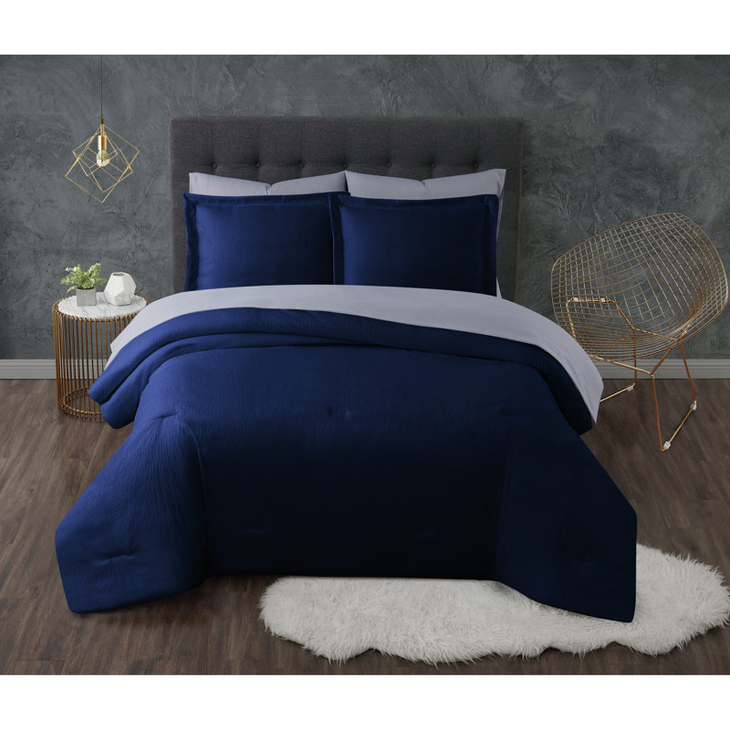 Truly Calm Antimicrobial Polyester Ring Stitch Comforter, Queen Comforter + 6 Additional Pieces, Navy