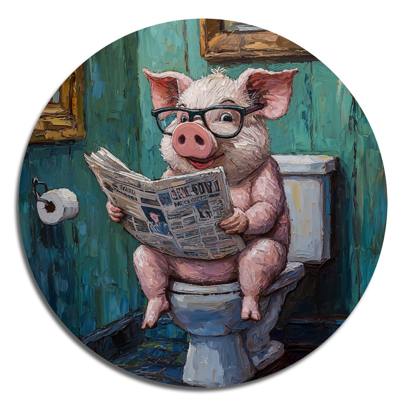 Toilette de cochon lisant le journal II - cochon rond, impression murale en métal rose moderne, H 16 po x l 16 po
