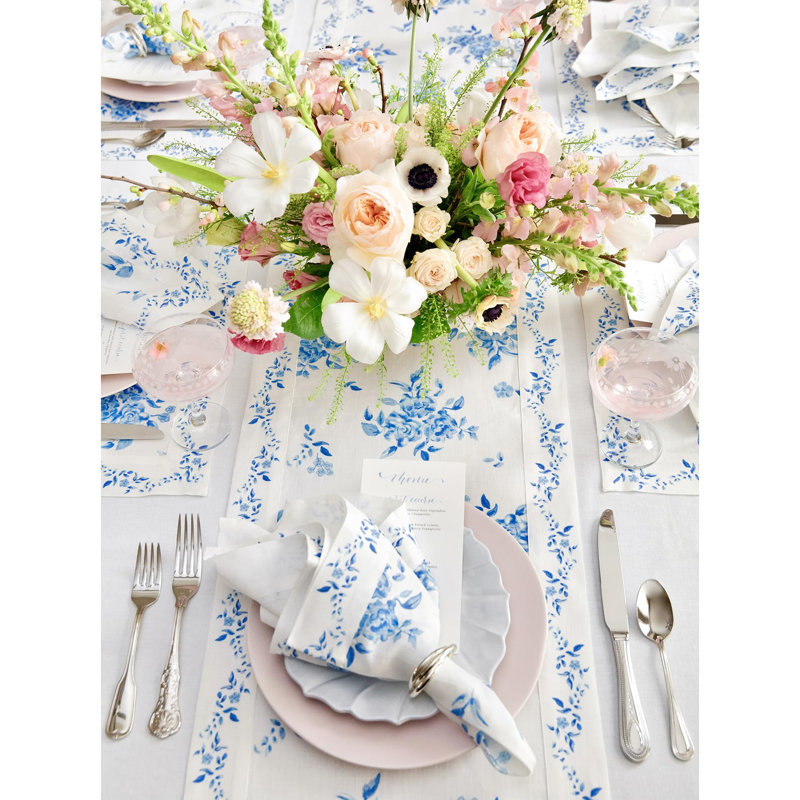 Chemin de table Jolie Fleur - 100% lin pur, 60 po x 14 po, Bleu