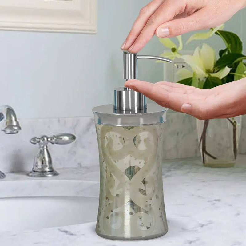 Distributeur de savon liquide Oneita Mercury Glass | Meuble-lavabo de salle de bain et évier de cuisine, contient savon, lotion et assainisseur | Gravé / mercure