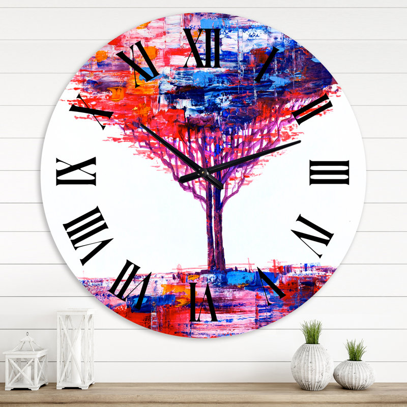 Horloge murale moderne et colorée, arbre impressionniste sur fond blanc, Surdimensionné