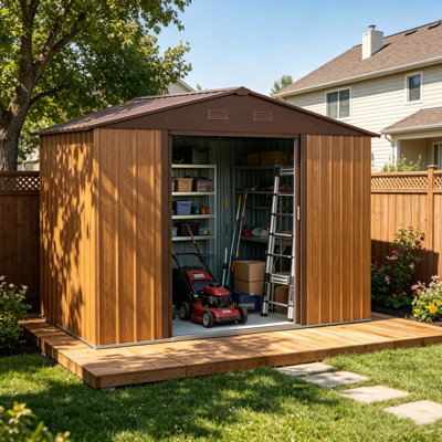 Abri de jardin en métal de 2,44 m x 1,83 m avec structure de fondation en acier galvanisé, abri utilitaire résistant aux intempéries avec portes coulissantes verrouillables et aérations intégrées.