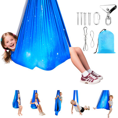 Balançoire sensorielle, support pivotant à 360 °, tissu à double couche, toile en O, capacité de 300 lb, yoga aérien intérieur et extérieur, forme enveloppante réconfortante, jeu sécuritaire et confortable, spandex extensible doux, rotation