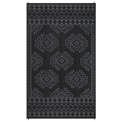 Tapis d'extérieur imperméable et réversible - Grand tapis de patio en plastique géométrique en paille - Résistant aux rayons UV, pliable, lavable - Pour terrasse, balcon, camping - Avec piquets et sac portable - Noir et gris, 8 pi x 10 pi