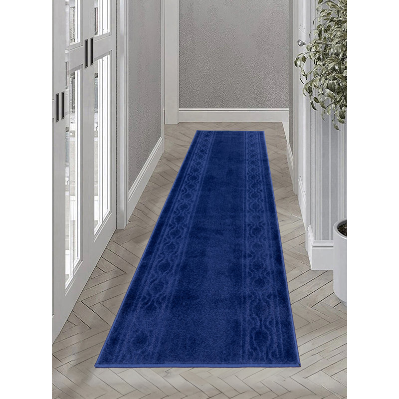 Tapis antidérapants bleu royal à poils moyens avec bordure en treillis, Tapis de couloir 2 pi 2 po x 35 pi