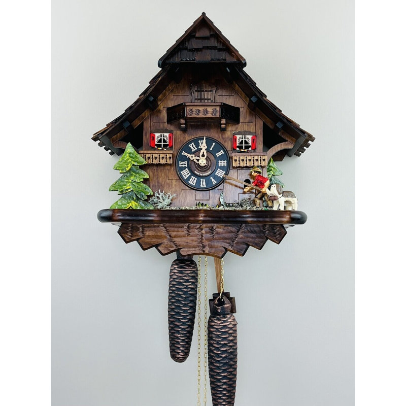  Horloge coucou en bois 14 po avec scène animée de pêcheur et de chalet