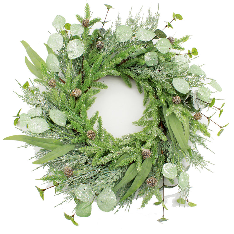 Couronne de pomme de pin glacée 22 po Eucalyptus