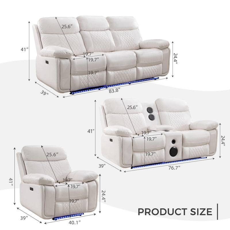 Heaney Power Reclining Sets Reclining Sofa, Loveseat and Chair, White