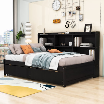 Wood Bed with Side Bookcase and Drawers