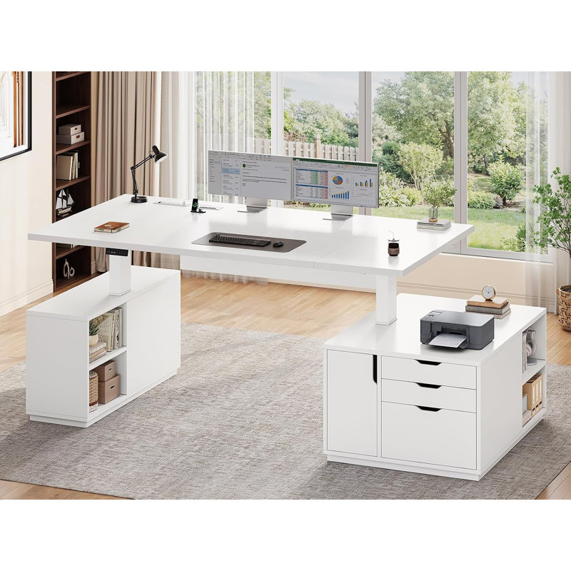 Bureau assis-debout électrique de direction de grande taille (77,1 po) avec 3 tiroirs et armoire de rangement, Blanc