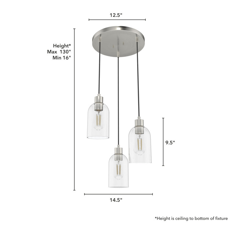 Lochemeade 3 Light Round Cylinder Cluster Pendant, Clear, Brushed Nickel