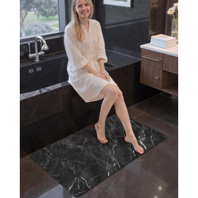 Ultra Thin Bath Mat, Non Slip Quick Dry Rugs, Absorbent Marble Bathmat, 16"x24",Washable Rubber Mats for Shower Floor, in Front of Bathtub, Bathroom Decor, Black Marble-Patterned