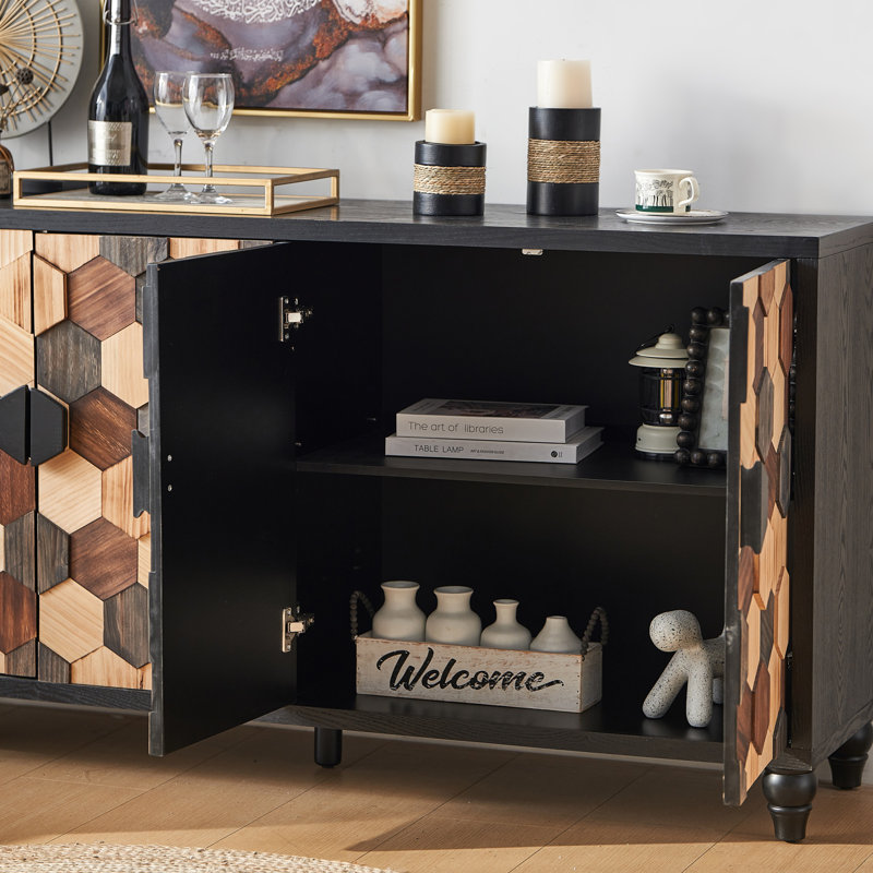 Distressed Storage Cabinet With Honeycomb Pattern, Modern Accent Cabinet With Doors For Entryway Buffet Sideboard Living Room Sideboard