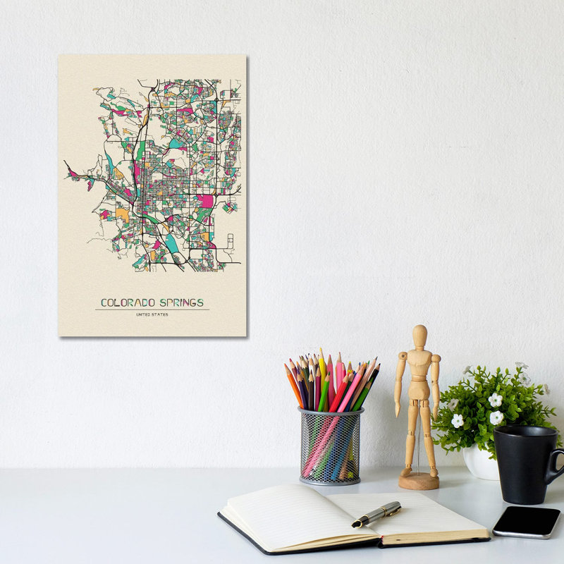 Colorado Springs, Colorado Map by Ayse Deniz Akerman - Wrapped Canvas Gallery-Wrapped Canvas Giclée, 20.32 cm H x 30.48 cm W