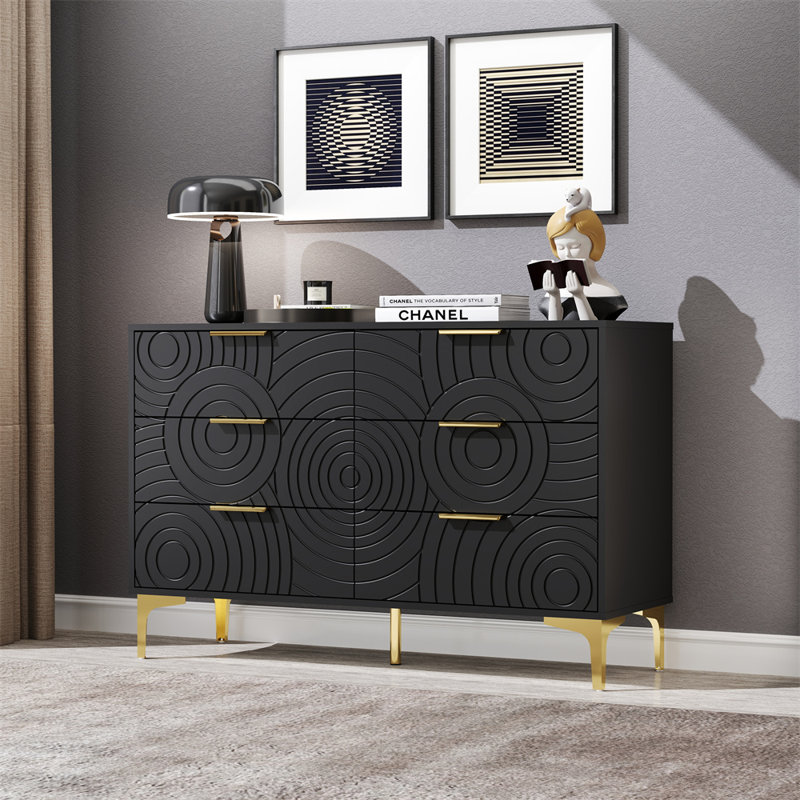 Black Modern 47" 6-Drawer Dresser with Gold Metal Handles
