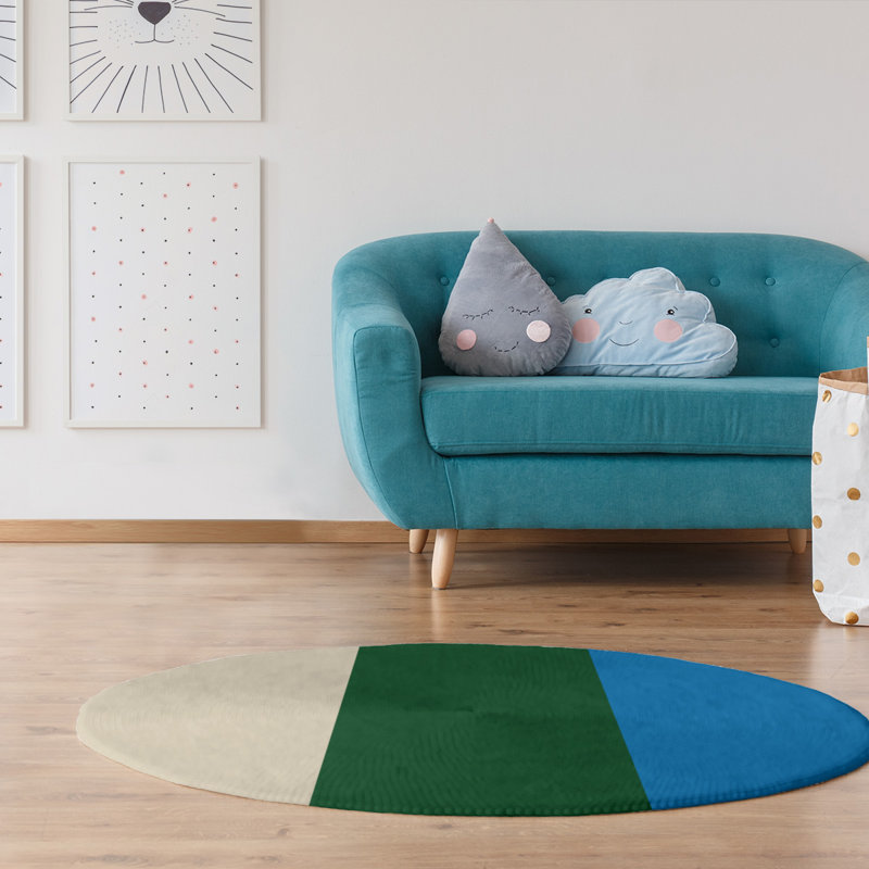 Tapis crème/vert/bleu rayé, Rond 5 pi