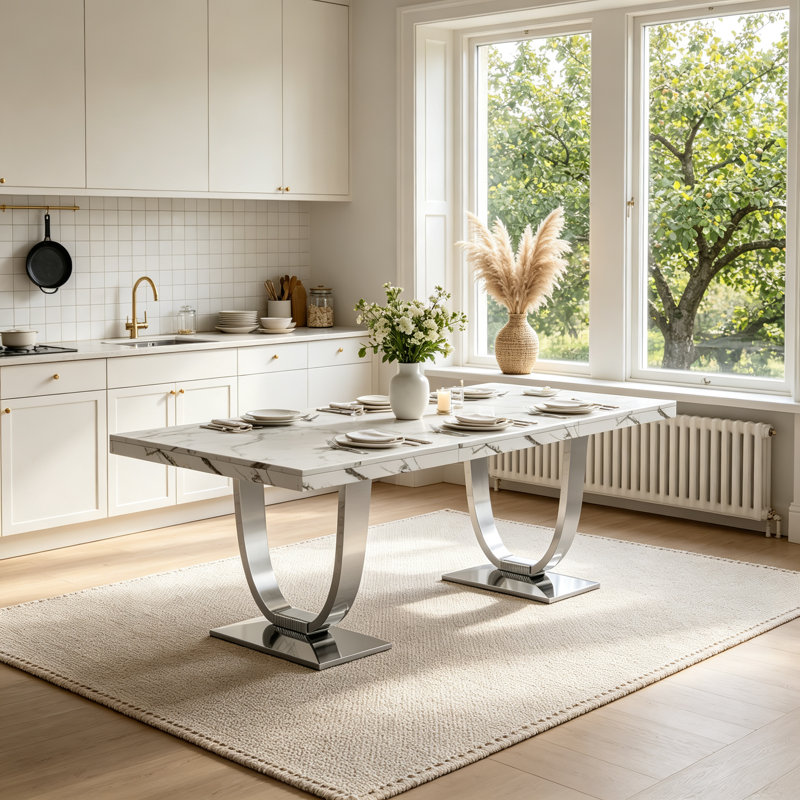 Table de salle à manger rectangulaire moderne et luxueuse de 70 pouces avec plateau imprimé marbre blanc et pied central en acier inoxydable pour la cuisine