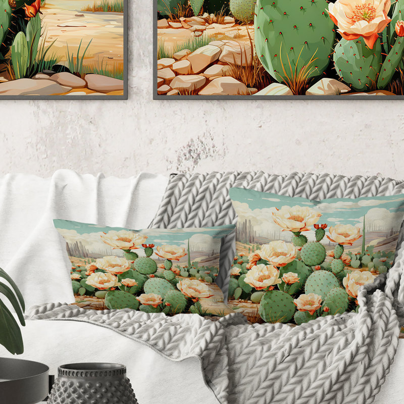 Coussin Coral Green Cactus Desert Blooms Pointillism IV - Cactus