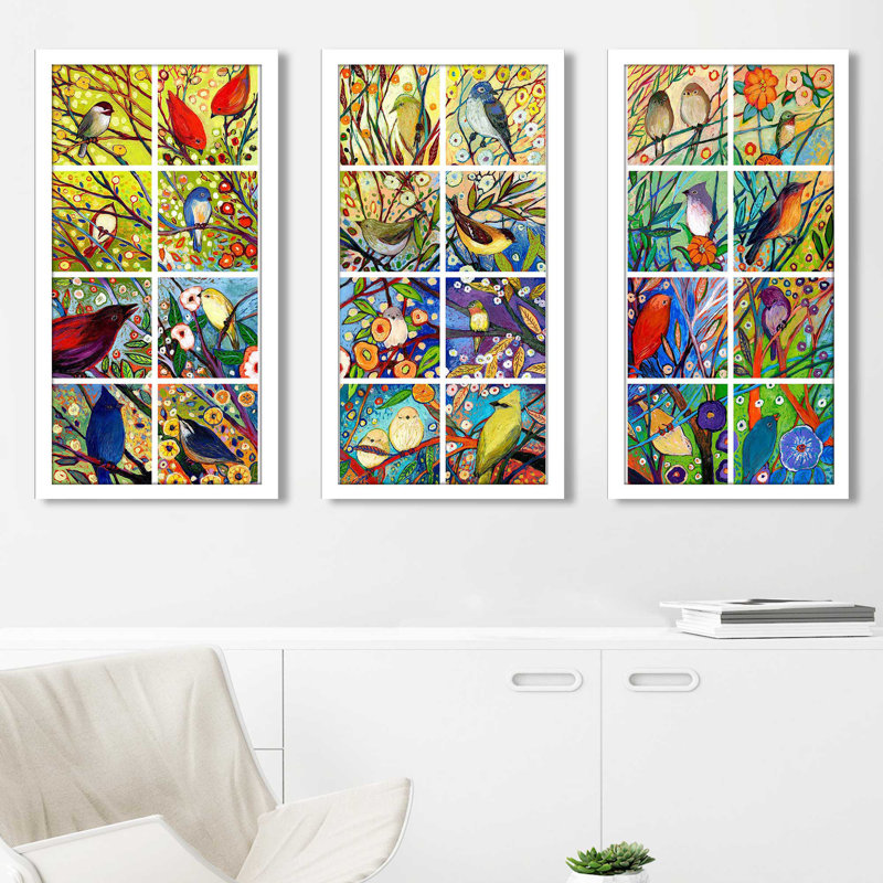 "32 oiseaux" par Jennifer Lommers, impression sur acrylique 3 pièces, H 33,5 po x l 52,5 po x P 1 po