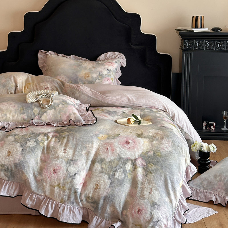 Floral Double-Layer Crinkle Cotton Duvet Cover Set, Queen Duvet Cover + 2 Pillowcases, Beige/Brown