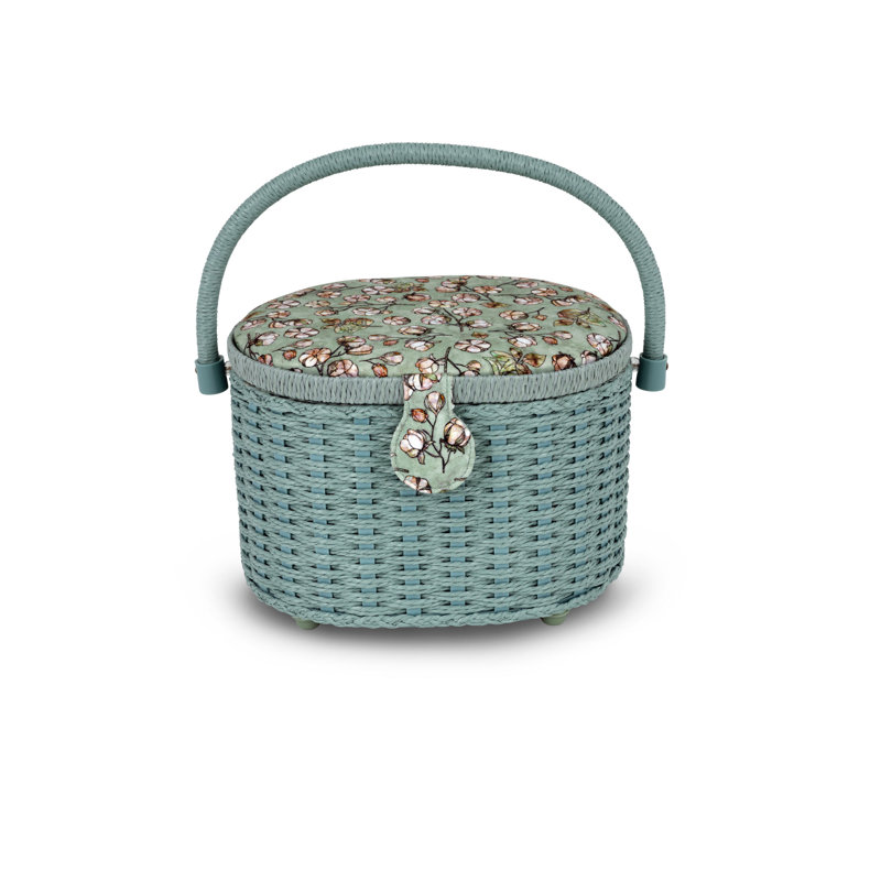 Small Soft Green Floral Oval Weaved Sewing Basket with Cord Handle