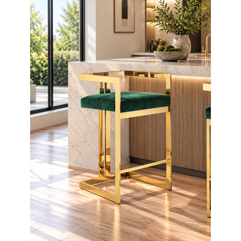 Tabouret de comptoir moderne Pangea Home, Velours vert, Doré, Tabouret de comptoir (siège d'une hauteur de 25,5