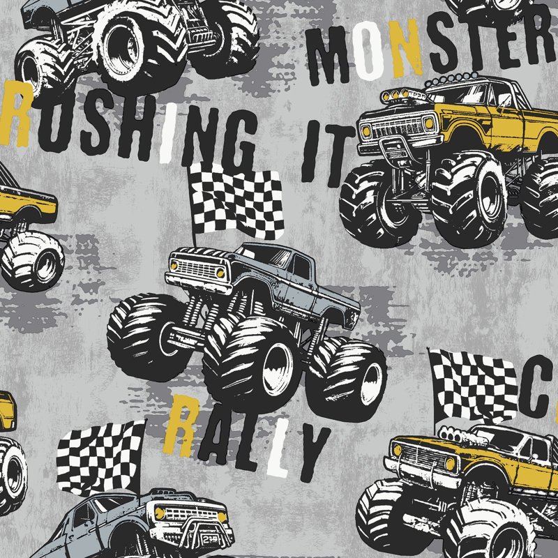 Kids and Teens Collection Glitter Monster Trucks Wallpaper Roll, Yellow