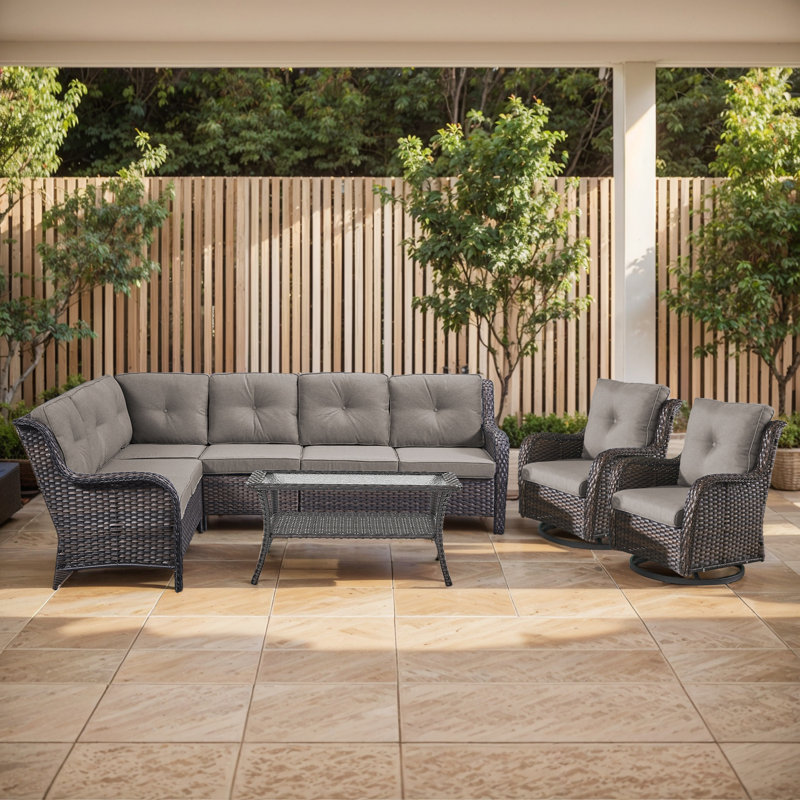 7-Person Outdoor PE Rattan Sectional Seating Group With Cushions, Gray, Brown