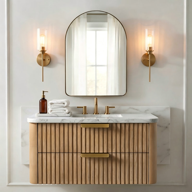 Elegant Arched Bathroom Vanity Mirror – Premium Stainless Steel Frame, Brushed Gold, 36" x 24"
