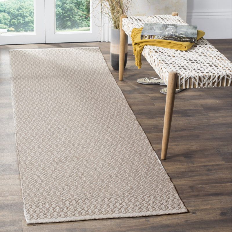 Tapis ivoire / gris en coton tissé à plat à la main Bester, Tapis de couloir 2 pi 3 po x 8 pi